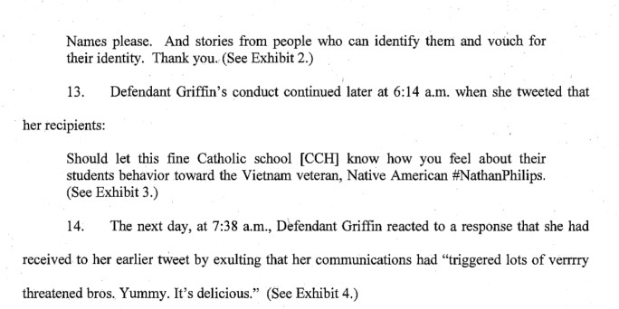 4/ The basis of the lawsuit is that during the whirlwind of coverage over the March for Life incident, Kathy Griffin sent some tweets about identifying the protesters seen in the videos that went viral.Complaint:  https://www.courtlistener.com/docket/17059136/1/doe-v-griffin/