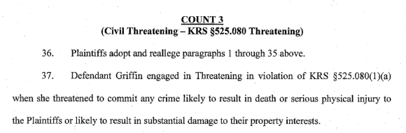 11/ The complaint then claims that Griffin engaged in "Threatening." This is pure spaghetti at the wall nonsense. Kathy Griffin didn't threaten to commit *any* crime, let alone one that is likely to result in death, serious injury, or property damage.