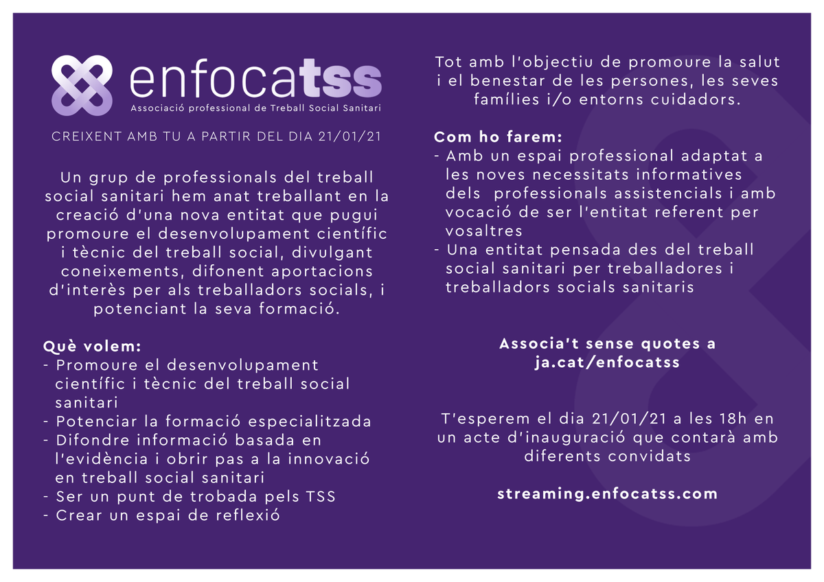 JordiRiba6's tweet photo. Em fa molta il·lusió presentar-vos un nou projecte en el que hi estic molt implicat: l'Associació Enfocatss.

Enfocatss es una organització professional compromesa en l’avenç del treball social sanitari, per promoure la salut i el benestar de les persones i les seves famílies. https://t.co/ULdCADvL3F