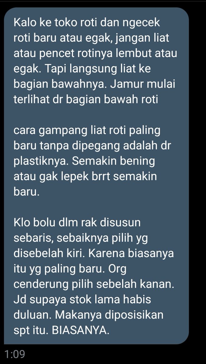 terakhir titipan malam ini (iya soalnya gue beneran bacain satu2 semua qrt/replies lupa bobo)nambahin: kalau mikir "ada jamur? tinggal dibuang aja yg bagian jamurannya sisanya dimakan" JANGAN soalnya ya sebenernya seluruh roti udah jamuran, tapi ga kasat mata aja.
