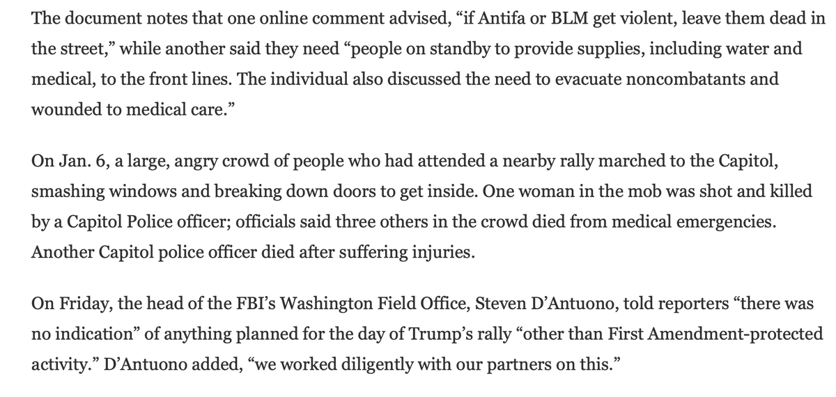 POINT: Yes, the FBI has a duty to protect free speech, even of assholes.COUNTERPOINT: Free speech doesn't require medics or use the term "noncombatants." That's war, not protest.And again, this violent rhetoric was all over social media - it was no classified secret.
