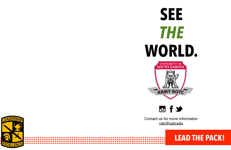 Want an adventure? Consider ROTC while in college and becoming an officer in the Army.  Contact us for more information: rotc<a href="/usd/">University of South Dakota</a>.edu

@usd <a href="/GoArmy/">GoArmy</a> <a href="/ArmyROTC/">Army ROTC</a> <a href="/3rdROTCBrigade/">BlackHawkBde</a> 

#3rdbdearmyrotc
#Leaderswanted
#stemeducation