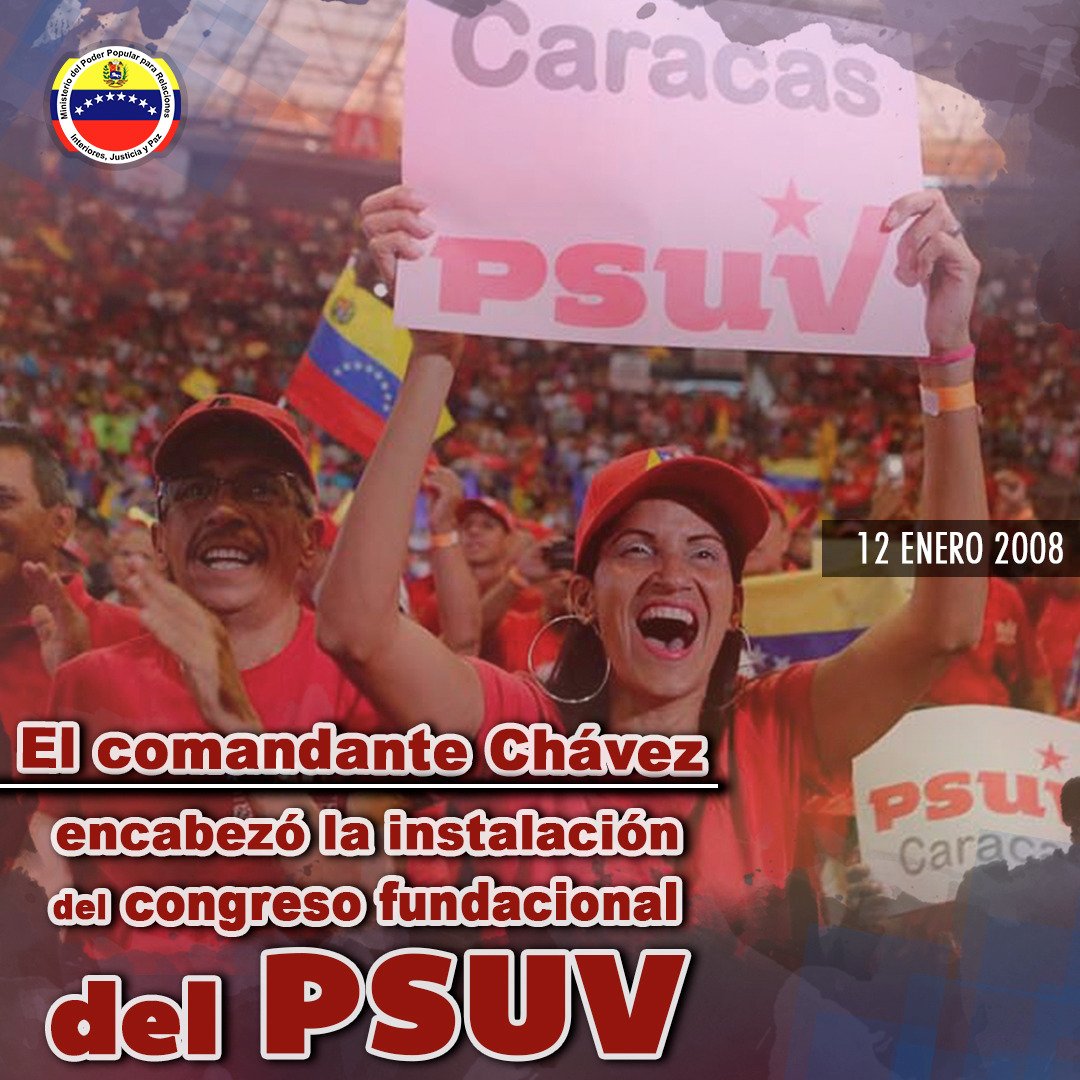 Un 12 de enero del año 2008 el Gigante Hugo Chávez instaló el Congreso Fundacional del PSUV, quien formó las bases del partido político más grande del país y los estatutos de la organización.

#MPPRIJP 
#ElEsequiboEsDeVenezuela