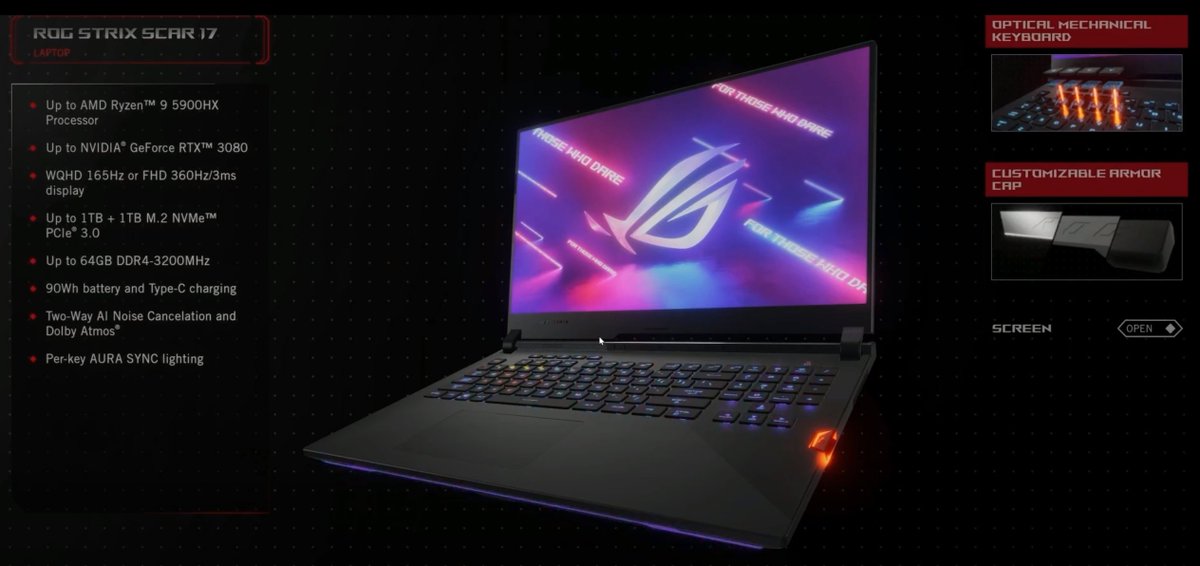 Zuby_Tech's tweet photo. Wow Asus ROG line up really going in with performance and thermal design.

The ROG Strix Scar 17 using AMD Ryzen 5900HX and Nvidia RTX 3080

#Asus #AsusCES #ROG #CES #CES2021 #AMD #AMDCES #Ryzen #Nvidia #RTX #ForThoseWhoDare https://t.co/6hv52wcjpC