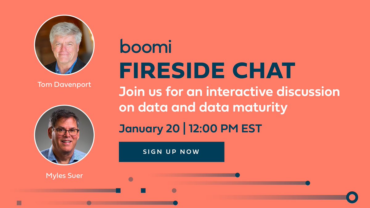 boomi's tweet photo. Who's ready to learn all about data maturity? ✋🏽 Join our fireside chat with @tdav and @MylesSuer on 1/20 at 12:00 PM EST to learn how to achieve a data-driven culture. Sign up here: https://t.co/PwsQwDbUeF https://t.co/kBwKxgdgUm