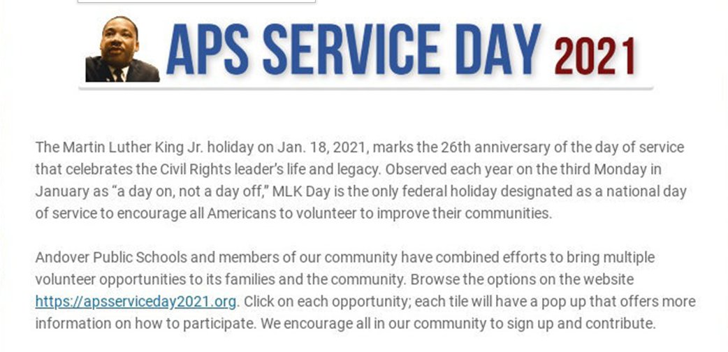 MLK Jr. Day is a day off for students and staff, but also a wonderful opportunity to celebrate the Civil Rights leader's life and legacy. Check out the volunteer opportunities at apsserviceday2021.org #weareandover <a href="/AndoverPS/">APS</a>