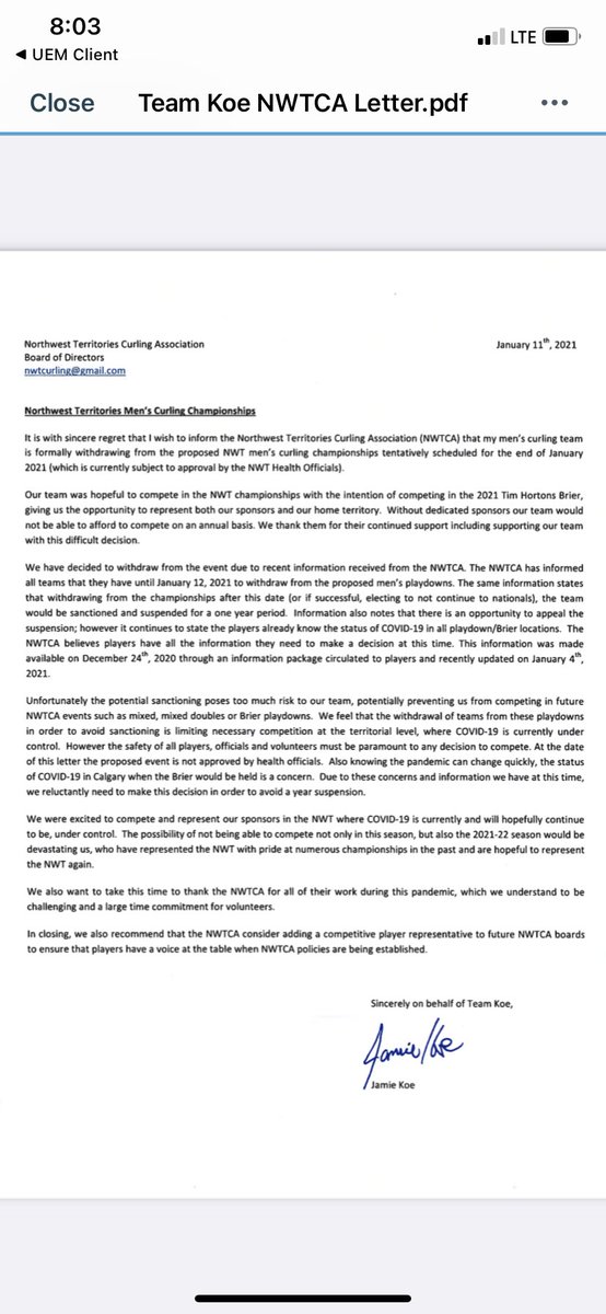JKnwt's tweet photo. Extremely sad to post the attached letter on behalf of my team.  Really appreciate the ongoing support of our committed sponsors @stanleyboxfit #NEBS @HardlineCurling https://t.co/dRM3dmwtoA