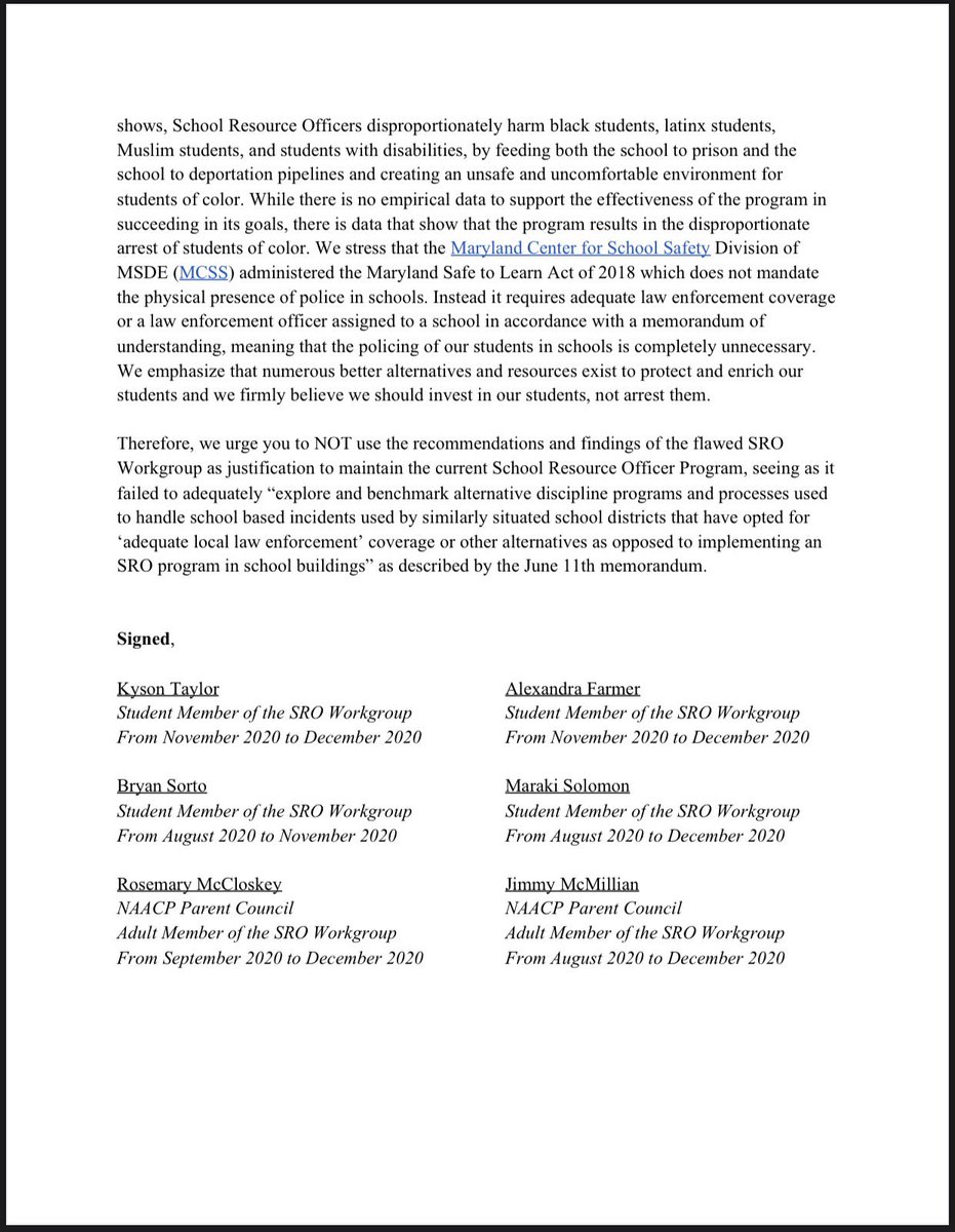 Read the letter that was sent by 6 members of the MCPS SRO Workgroup to <a href="/mocoboe/">Moco BOE</a> and <a href="/MoCoCouncilMD/">Montgomery Council</a>. The process was flawed and student voices were suppressed. The findings should not be used to justify police presence in schools. #RemoveSROs #PoliceFreeSchools