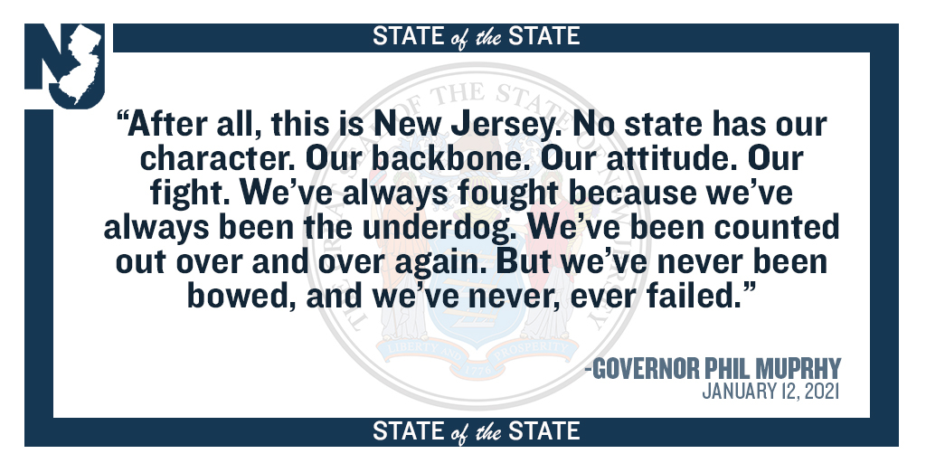 GovMurphy's tweet photo. This is New Jersey.

No state has our character. Our backbone. Our attitude. Our fight. 

We’ve been counted out over and over again.

But we’ve never been bowed, and we’ve never, ever failed.

#NJSOTS https://t.co/9n8f3kRDeg