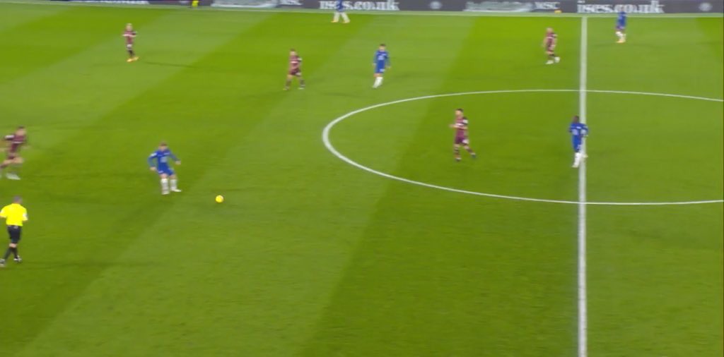 Below we see Silva playing a pass into Timo Werner. Silva is Able to play the pass through that zone as Mount has dragged his man somewhere else, and Werner was able to receive the ball free of pressure and play a pass to Chilwell, and gain a foothold in Leeds’ final third.