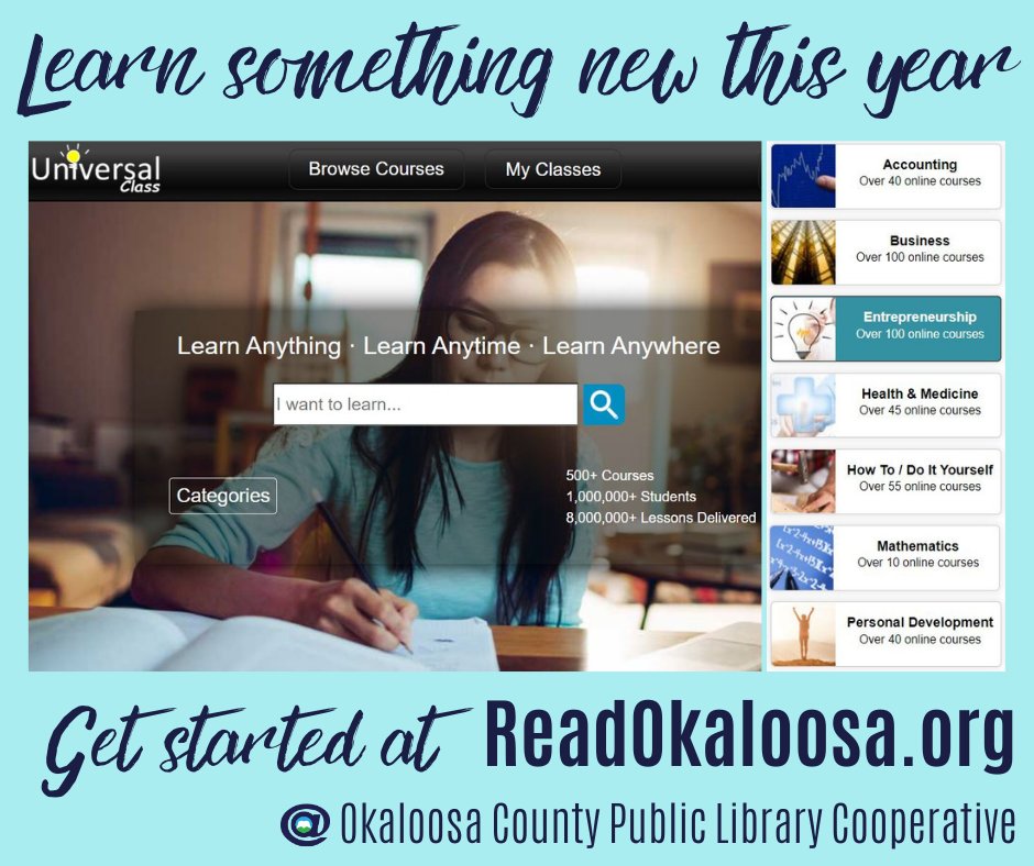 ncvlibrary's tweet photo. UNIVERSAL CLASS: 500+ self-paced online classes to choose from.  Career Training, Finance, Mathematics, Crafts and Hobbies, Real Estate, Test Prep &amp; more!  

Log in with your library account #.

Get started at https://t.co/9bVrb09zCv
#UniversalClass #OkaloosaLibraries https://t.co/kOIvneDyXU