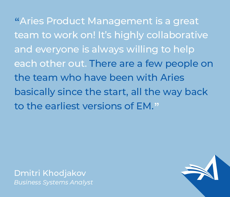 AriesSystems's tweet photo. Meet Dmitri Khodjakov, Business Systems Analyst! In his interview he discusses how he stays informed on industry trends, collaborates with other Aries departments, and his hobbies outside of work: https://t.co/l77pxgECPK
#employeespotlight #staffinterview #MeetTheAriesTeam https://t.co/c4SeC5O1e9