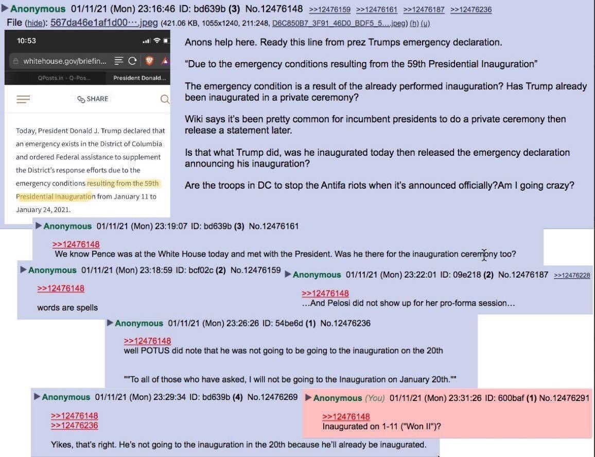 Shayan86's tweet photo. Tha latest conspiracy put forward on 8kun and now being widely promoted by QAnon believers is that President Trump has already been inaugurated at a private ceremony, in which Mike Pence was also present, and the military will be deployed to stop riots after it becomes official. https://t.co/f3WVyhcNvM