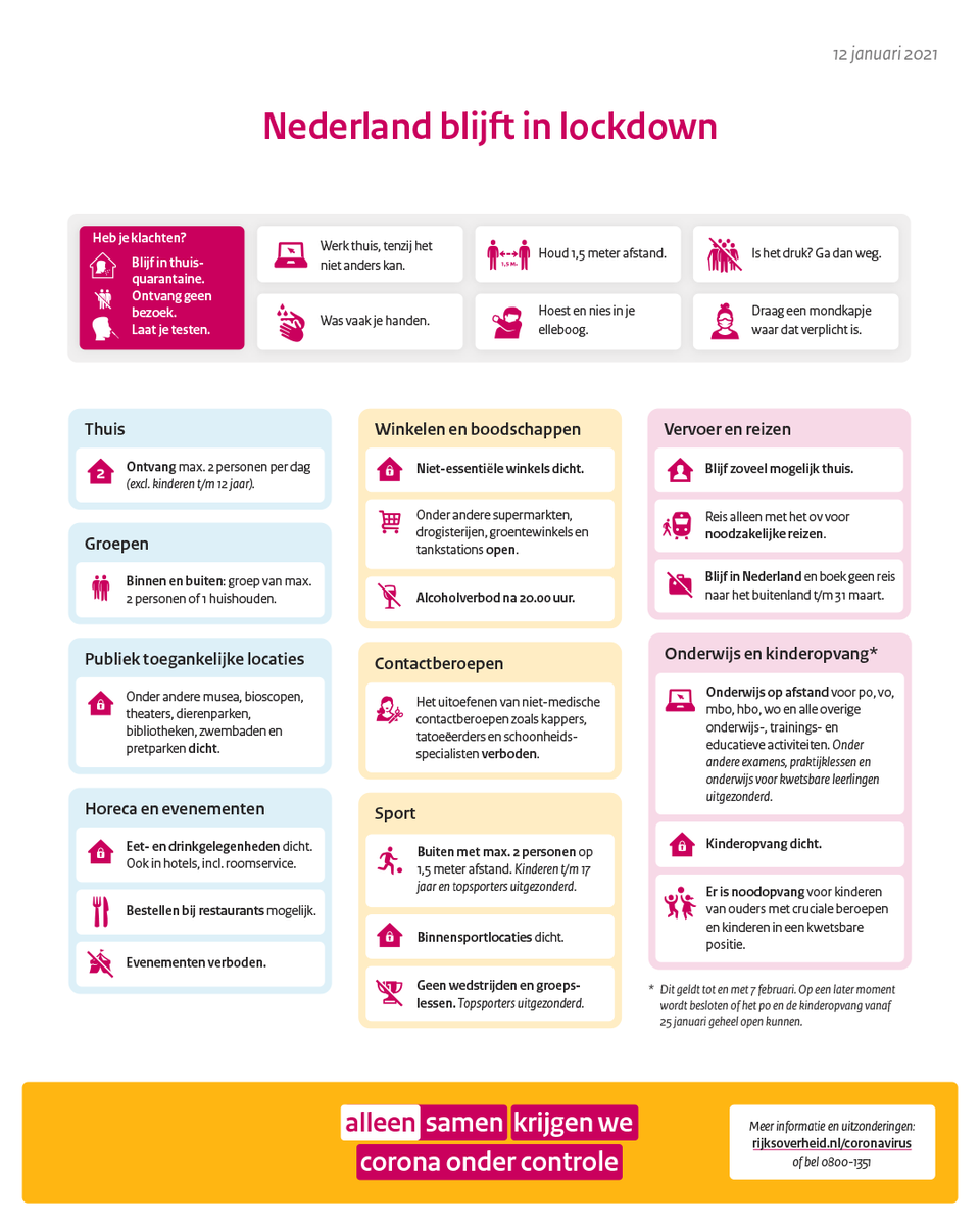 ✔️ Blijf thuis
✔️ Werk thuis
✔️ Beperk bezoek

We blijven tot en met in ieder geval 9 februari in lockdown. Dat is nodig om het aantal coronabesmettingen verder te laten dalen.

Meer informatie ⤵️

rijksoverheid.nl/actueel/nieuws…

#AlleenSamen