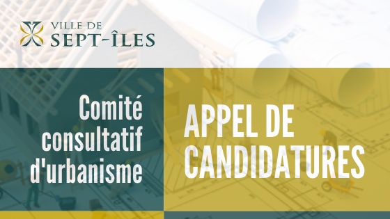 Comité consultatif d'urbanisme - Appel de candidatures

La <a href="/VilledeSeptIles/">Ville de Sept-Îles</a> est présentement à la recherche d’un «membre citoyen» pour siéger au sein de son Comité consultatif d’urbanisme. Tous les détails: septiles.ca/fr/actualites_…