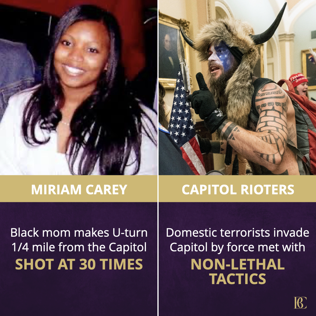 AttorneyCrump's tweet image. Capitol police killed Miriam Carey in 2013, shooting the BLACK mom 30 TIMES in front of her child. Why? She hit a barricade while making a U-turn near the Capitol. Compared with what happened at #CapitolRiots and you clearly see the reality of these #TwoAmericas!
