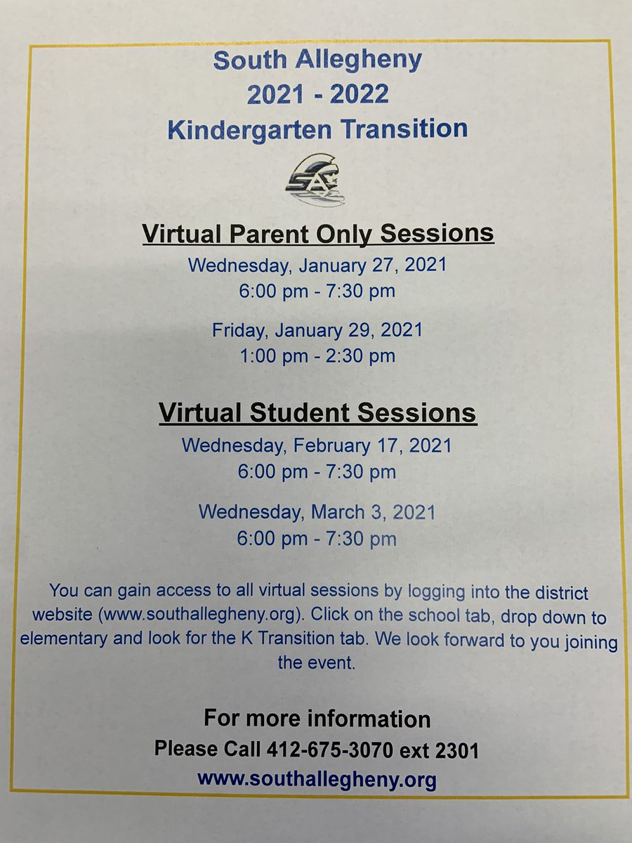 KatelynVogel6's tweet photo. South Allegheny Kindergarten Transition. If you live in SASD and your child will be attending Kindergarten for the 2021-2022 school year, please join us for our Virtual Kindergarten Transition events. https://t.co/DA4w2Ra8Ac https://t.co/BjZM4bJ8wP