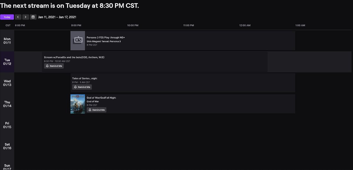 GamingKuzu's tweet photo. hey, if you have been wondering what my stream schedule is or will be this year, this is how it will be for a while see anything you like make sure you swing by and say hi. Tonight tho is COD with the boys! https://t.co/RBg43dBh1H