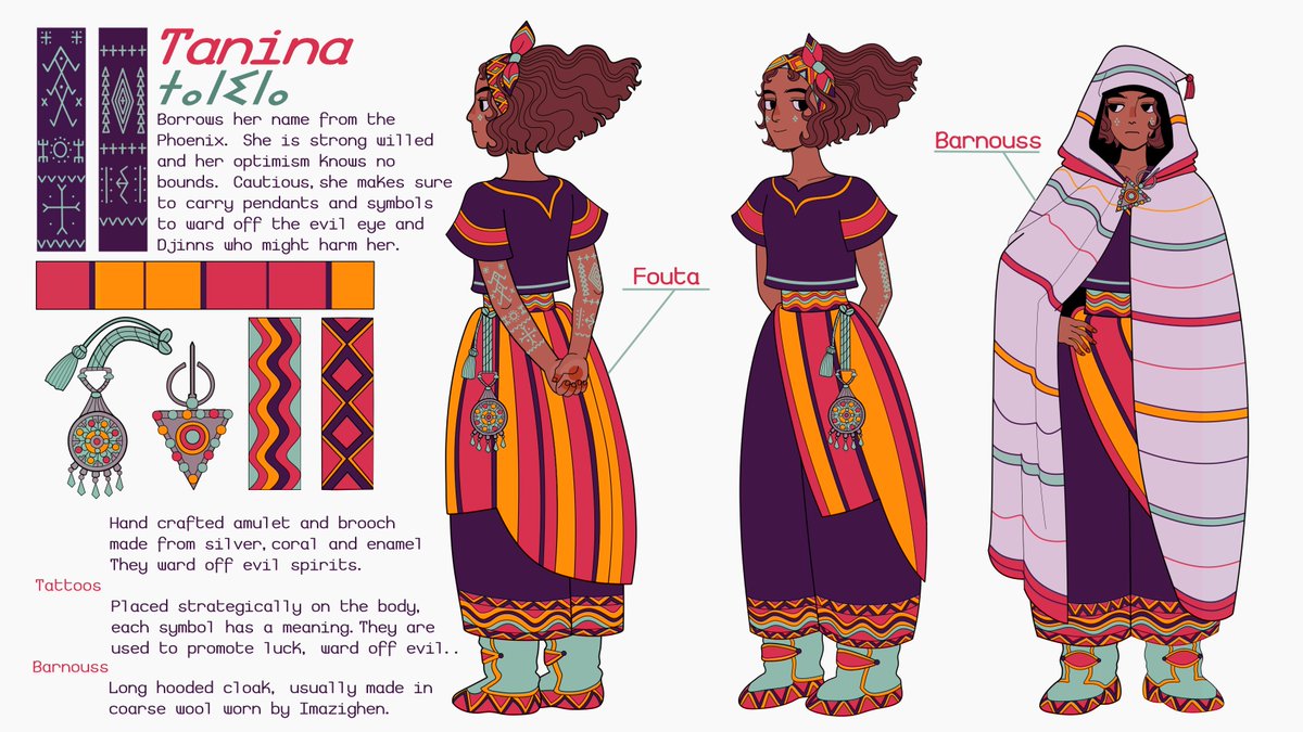 hey #PortfolioDay ! I'm Safiya, a Kabyle illustrator and character designer working on my GN & I love infusing my culture in the fantasy genre?‍♀️✨ I'm open for freelance work!

?safifesse@gmail.com
Portfolio linked in bio! 