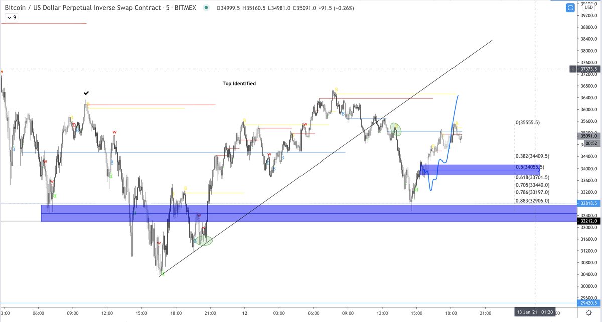 Potential near term top.Look at fibs below.Daily open run and back below.Similar setup as last potential higher low.SSR turned into DBS.