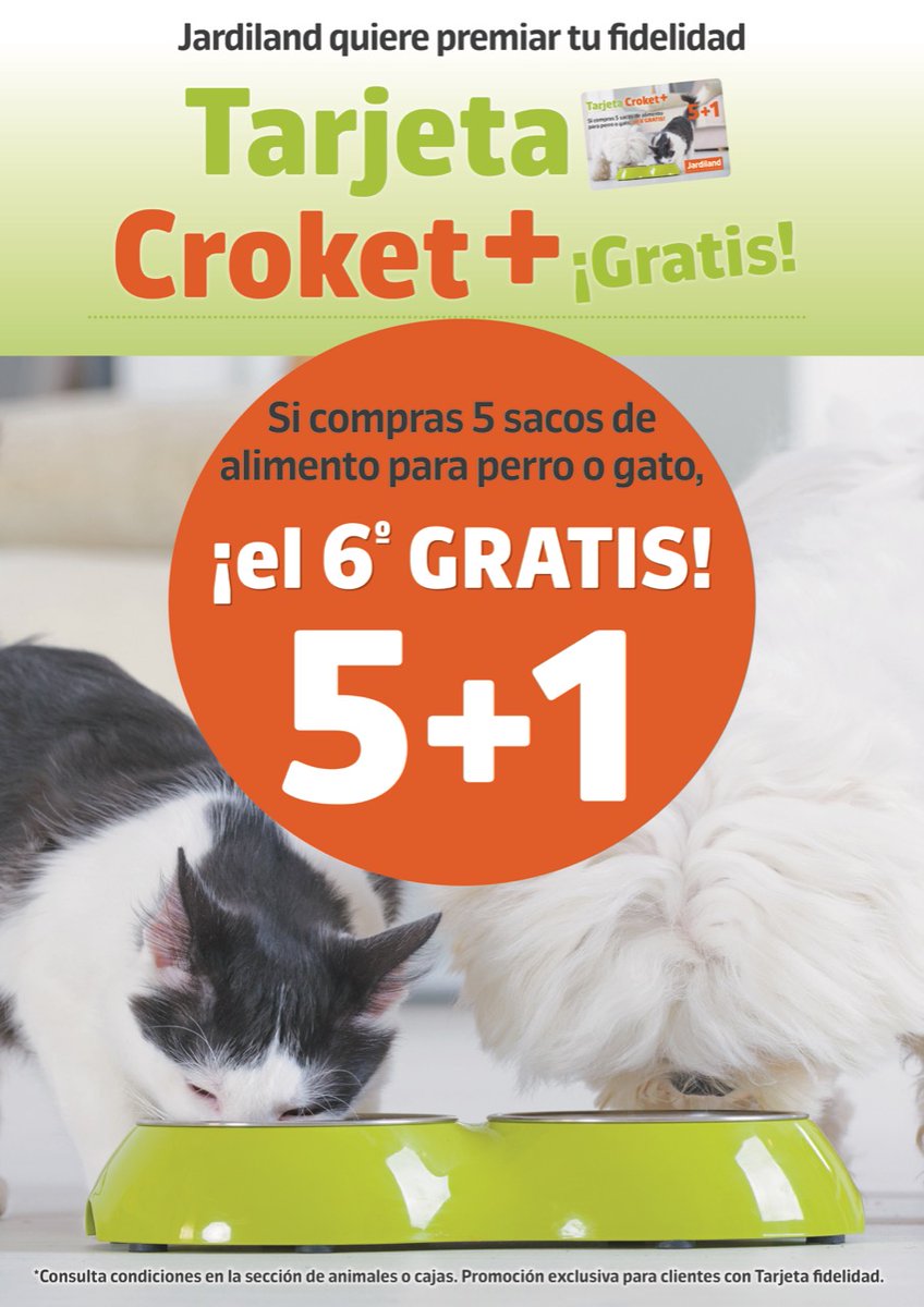 #JardiPromo
Con la nueva #tarjeta Croket+ si compras 5 sacos de #alimentoseco para #perro o #gato te llevarás el sexto gratis. ¿No te parece un #chollo? Oferta válida para #clientesfidelidad en las tiendas de Gavá, Reus, Sant Cugat y Oleiros.
🐶🐱