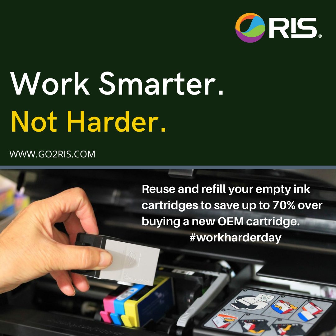 Don't let your ink cartridges work unnecessarily hard on this #workharderday! Did you know that refills yields exceed original cartridge yields by 10-20%? That's working smarter, not harder! #tiptuesday Go to Go2RIS.com for more information. #RIS #ecofriendly