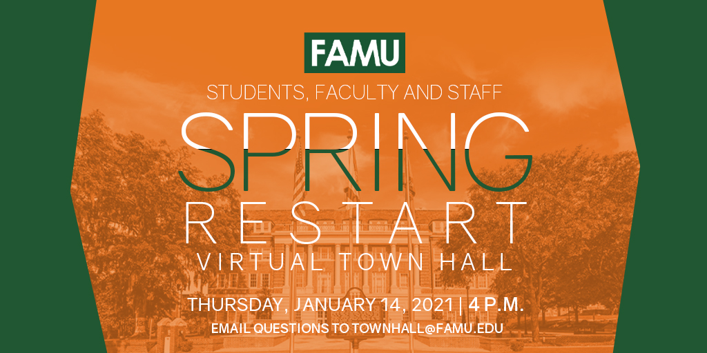 FAMU_1887's tweet photo. Restart. Reset. Refocus. Join us for the first virtual town hall of 2021 this Thursday, January 14 at 4 p.m. #FAMUtownhall
Zoom Info:
Link: https://t.co/JQPYkhgwVZ
ID: 913 2927 4782
Code: 776943
Email questions you would like answered by noon tomorrow, January 13. https://t.co/IPSYtYBb4U