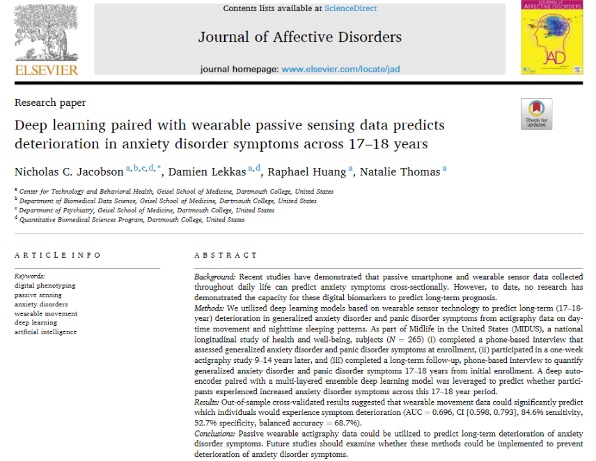 Hot off the press!

We predicted deterioration in anxiety disorders symptoms across *17-18 years* using wearable sensors and #DeepLearning models. 

Digital phenotypes from wearables &amp; deep learning did better than self-report &amp; linear models!

Open-access
authors.elsevier.com/a/1cLbrbXYig-Fn