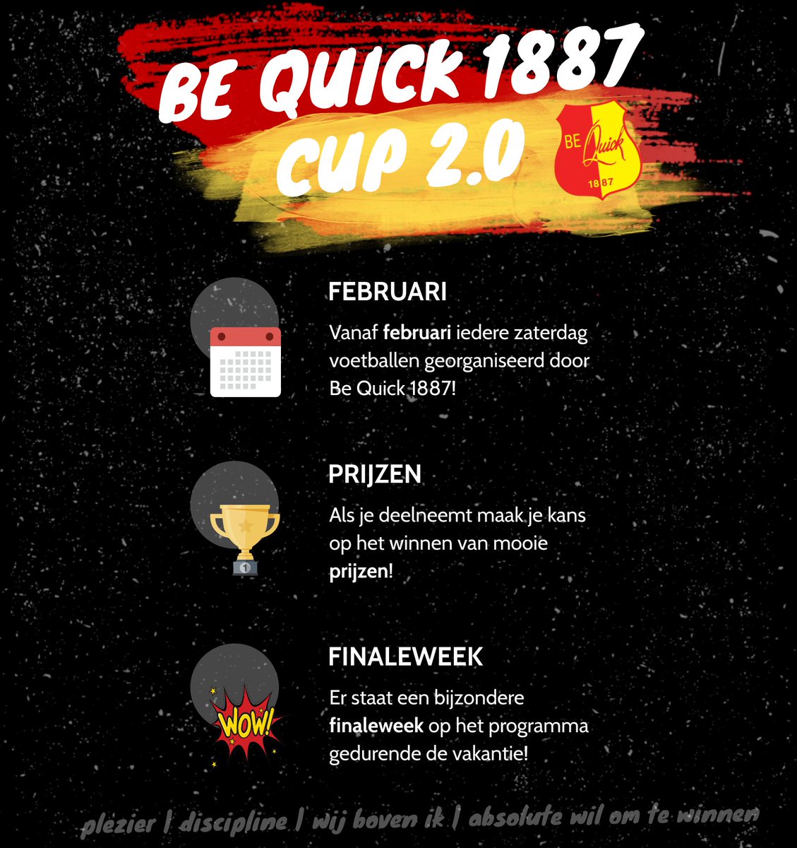 💯⚽️ - BE QUICK 1887 CUP 2.0!

🗓 Vanaf februari organiseert Be Quick 1887 iedere zaterdag de Be Quick 1887 CUP!

🏆 Er zijn weer prijzen te verdienen en de finaleweek kent een bijzonder programma... Be there!

#plezier #wijbovenik