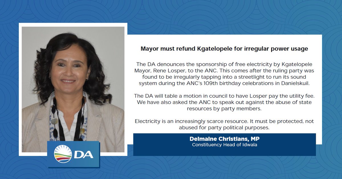 DA_NCape's tweet photo. ANC loots electricity for its birthday celebrations – Northern Cape mayor of Kgatelopele municipality must pay up ... https://t.co/RMHCxg7VoM
