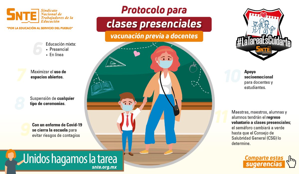 JulioCesarCuet5's tweet photo. #SNTEconMéxico 👩🏫🇲🇽👨🏫
Para un #RegresoAClases 🏫 con Semáforo Verde 🟢🚦 hay un protocolo: Lo conoces❓ Entérate‼️ Además de ser voluntario y las medidas sanitarias, se priorizará la vacunación 💉👩🏫 contra el #coronavirus #COVID19 🦠
#LaTareaEsCuidarte 🧑💻📝
#SNTEsalud ⚕️#Sec40 https://t.co/Uylganw2nX