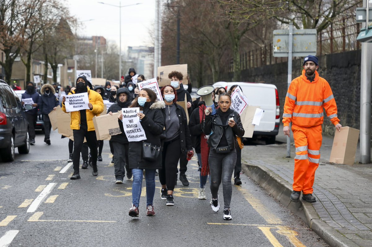 Hashim_PJ's tweet photo. CARDIFF, WALES. JANUARY 12 2021. Black Lives Matter protest after the death of Mohamud Mohammed Hassan, 24 who was violently arrested by Cardiff Police. Protesters marched from Cardiff Central Library to Cardiff Bay Police station demanding justice for Mahamud.#BLM #mohamudhassan https://t.co/HAXefsHfi8