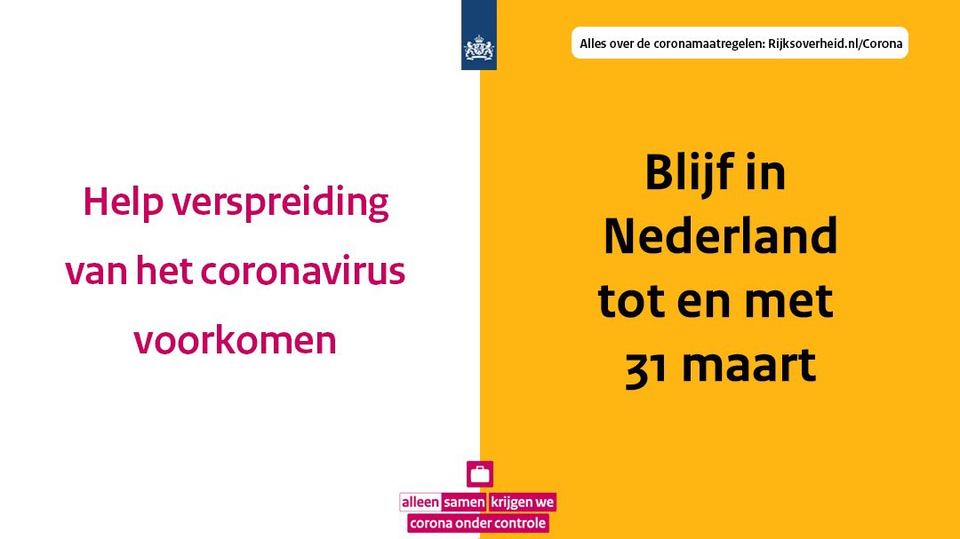 247BZ's tweet image. Blijf in Nederland t/m 31 maart: Elke buitenlandse reis verhoogt de kans op verspreiding van het coronavirus in Nederland en het buitenland.

Meer over de Nederlandse maatregelen tegen corona ⤵️

rijksoverheid.nl/actueel/nieuws…