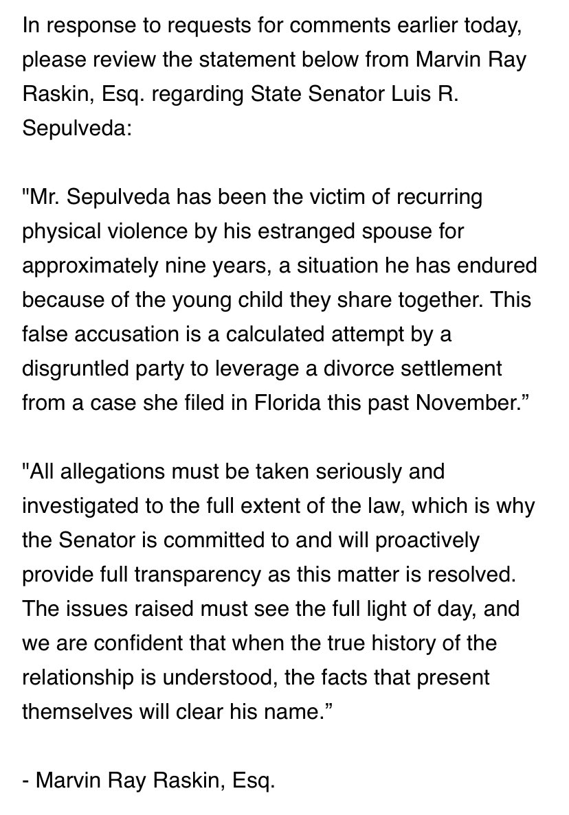 An attorney just sent out statement on behalf of  <a href="/LuisSepulvedaNY/">Luis Sepúlveda</a> saying the state senator has been the victim of physical violence by his estranged wife for nine years. Also states the accusation that he abused her is false.