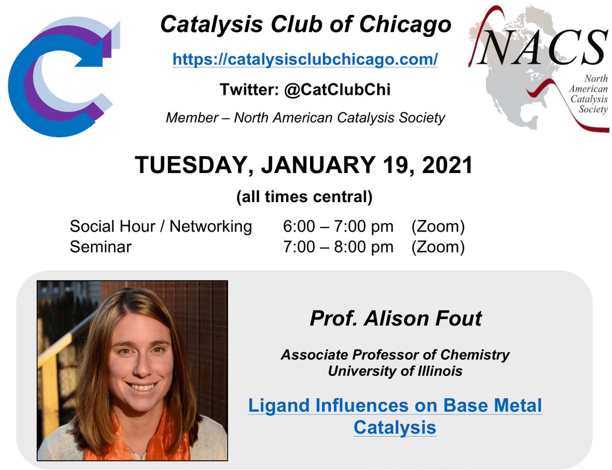 We are THRILLED to be hosting Prof. Alison Fout at the Catalysis Club of Chicago on Tuesday the 19th! “Ligand Influences on Base Metal Catalysis”. See you there! <a href="/FoutLab/">Fout Lab</a> <a href="/ChemistryUIUC/">Chemistry at Illinois</a>  #Catalysis #ChemTwitter #FirstRowTransitionMetalsDoItBetter evite.me/DMuvrnad8w