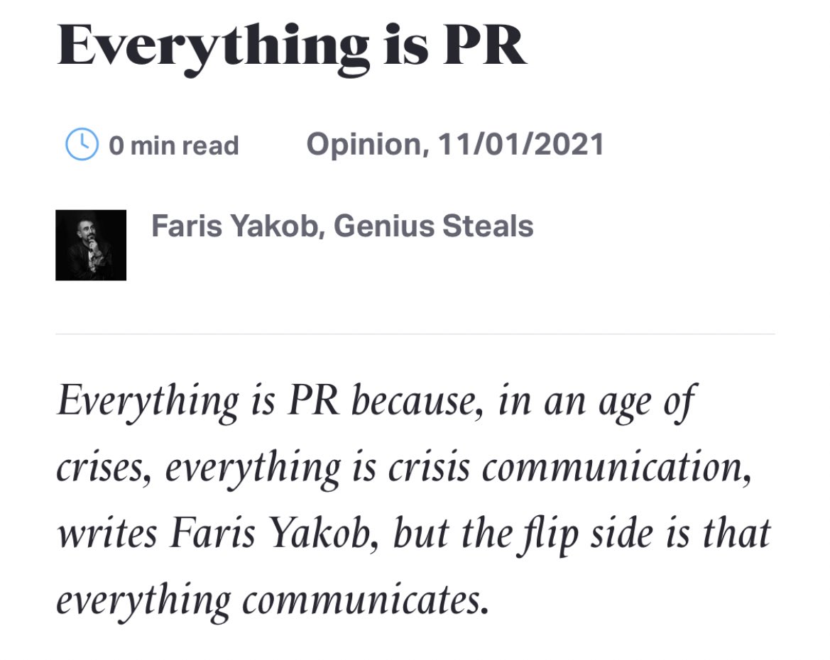 Really enjoyed this by <a href="/faris/">faris</a>. Timely, thoughtful and fatiguing - everything is PR. 

warc.com/newsandopinion…