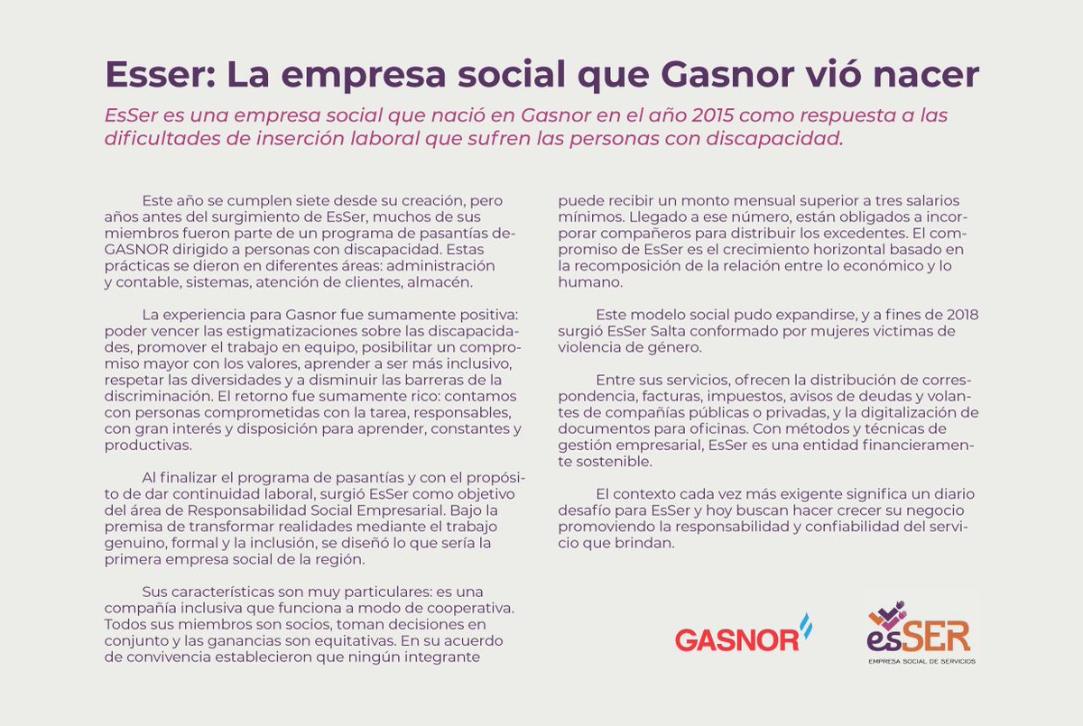 En Gasnor nos sentimos muy orgullosos de EsSer, la primera empresa social de la región. #RSE