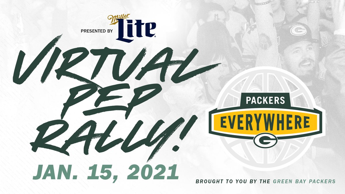 FRIDAY ➡️ Join us for a FREE virtual #PackEverywhere pep rally presented by @MillerLite! 🗓️ Jan. 15th ⏰ 6 p.m. CT 🏈 Hear from Packers President/CEO Mark Murphy, Packers alumnus @CullenJenkins and more! Details and how to watch ➡️ packerseverywhere.com/pep-rallies