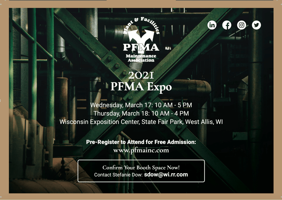 PFMAInc's tweet photo. Meet with thousands of industrial professionals to sell them on your company’s products, services, and technical innovations at the 2021 PFMA Expo! Confirm your booth space now - Contact Stefanie Dow at sdow@wi.rr.com, and visit https://t.co/ebsS5Wqf7j https://t.co/jqxG4KczbQ