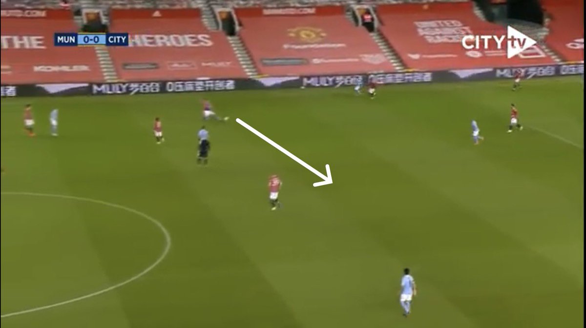 Shaw wins the battle and passes to McTominay. He draws Fernandinho and plays in Fernandes. Stones returning from a wide position can’t get to him quickly enough. It takes a great save from Steffen to keep the scores level 7/