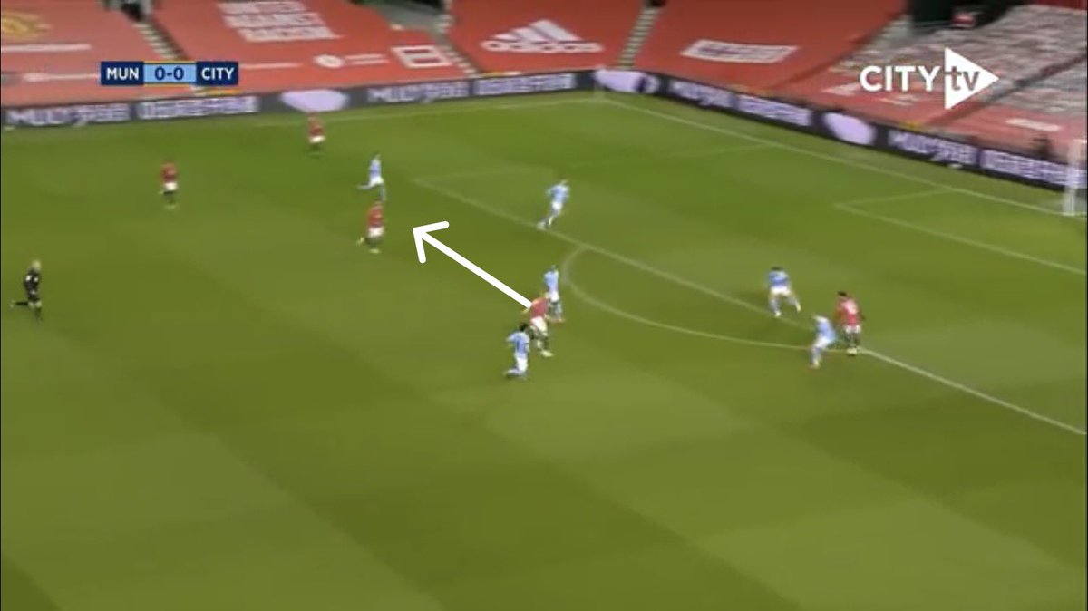 Shaw wins the battle and passes to McTominay. He draws Fernandinho and plays in Fernandes. Stones returning from a wide position can’t get to him quickly enough. It takes a great save from Steffen to keep the scores level 7/