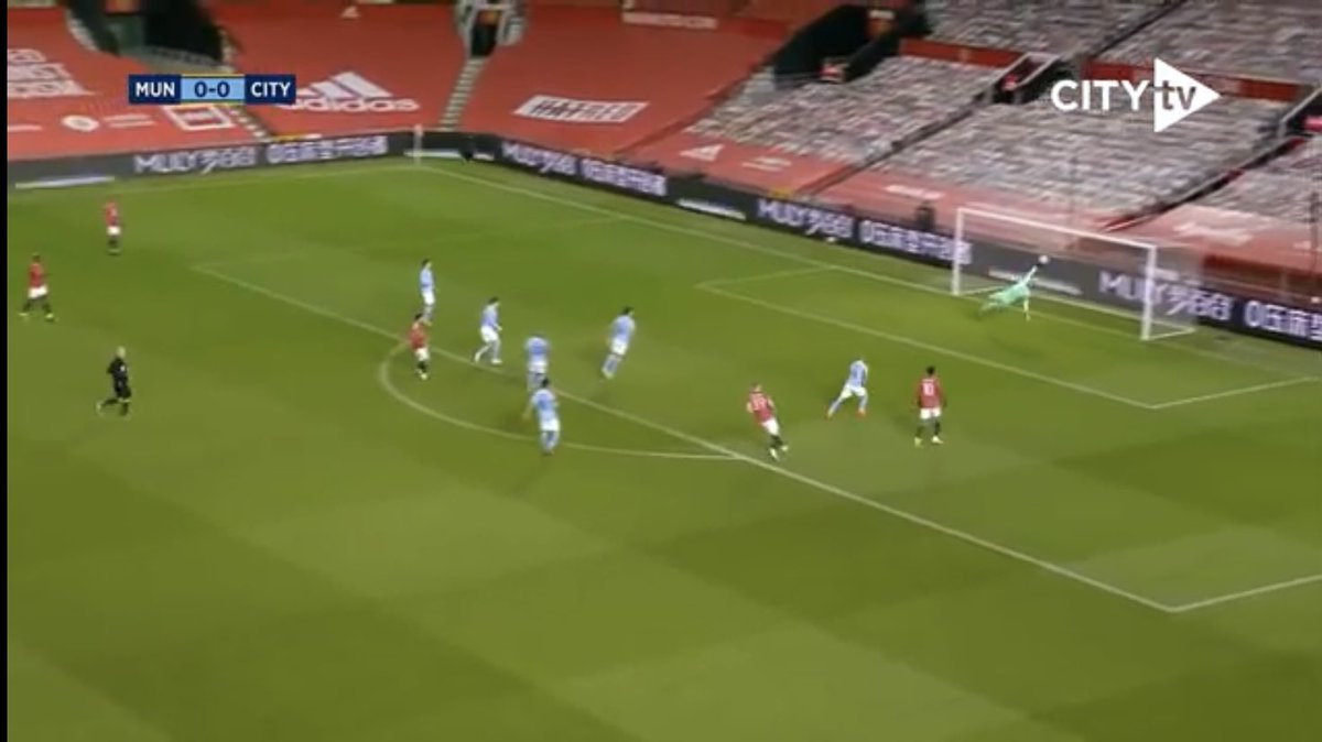 Shaw wins the battle and passes to McTominay. He draws Fernandinho and plays in Fernandes. Stones returning from a wide position can’t get to him quickly enough. It takes a great save from Steffen to keep the scores level 7/