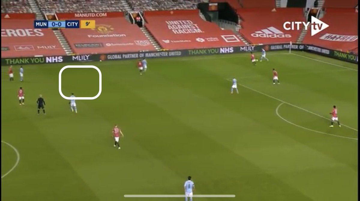 He finds a pass to Stones who’s now under extreme pressure. He needs an option ahead of him but United have closed the passing channels. He tries to drop a pass into an area for Sterling and Mahrez to compete for 6/