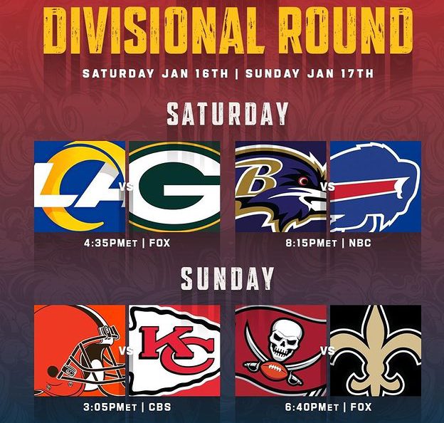 📝 prochains RDV Playoffs NFL [live] sur <a href="/beinsports_FR/">beIN SPORTS</a> 
🔥DIVISIONAL ROUND🔥

    📍SAMEDI
🏈Rams-Packers 
👉22h30 | beIN3️⃣

🏈Ravens-Bills
👉2h10 | beIN3️⃣

    📍DIMANCHE
🏈Browns - Chiefs
👉21h | beIN4️⃣

🏈Buccaneers-Saints
👉0h35 | beIN3️⃣

T🏈TAL PLAY🏈FFS 
#NFLextra