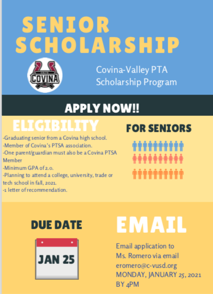 Covina High College and Career Center (@chs_colts_ccc) on Twitter photo Seniors, don't forget to Apply for the PTSA Senior Scholarship due on January 25th. The application can be found in your "Class of 2021" classrooms. Email eromero@c-vusd.org if you have any questions. <a href="/CovinaColts/">Covina High School</a> <a href="/CovinaAthletics/">Covina HS Athletics</a> <a href="/ColtsCounseling/">Covina High Counseling</a> Seniors, don't forget to Apply for the PTSA Senior Scholarship due on January 25th. The application can be found in your "Class of 2021" classrooms. Email eromero@c-vusd.org if you have any questions. <a href="/CovinaColts/">Covina High School</a> <a href="/CovinaAthletics/">Covina HS Athletics</a> <a href="/ColtsCounseling/">Covina High Counseling</a>