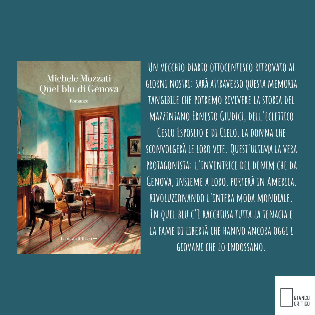 👖 "Quel blu di Genova" di #MicheleMozzati è un romanzo de/sull'amicizia, che conserva intatta la disillusione poetica tipica dei cantautori che hanno raccontato quel mare e chi partiva da lì.
Quel color mare che ha dato vita al jeans!

<a href="/lanavediteseoed/">La nave di Teseo</a>