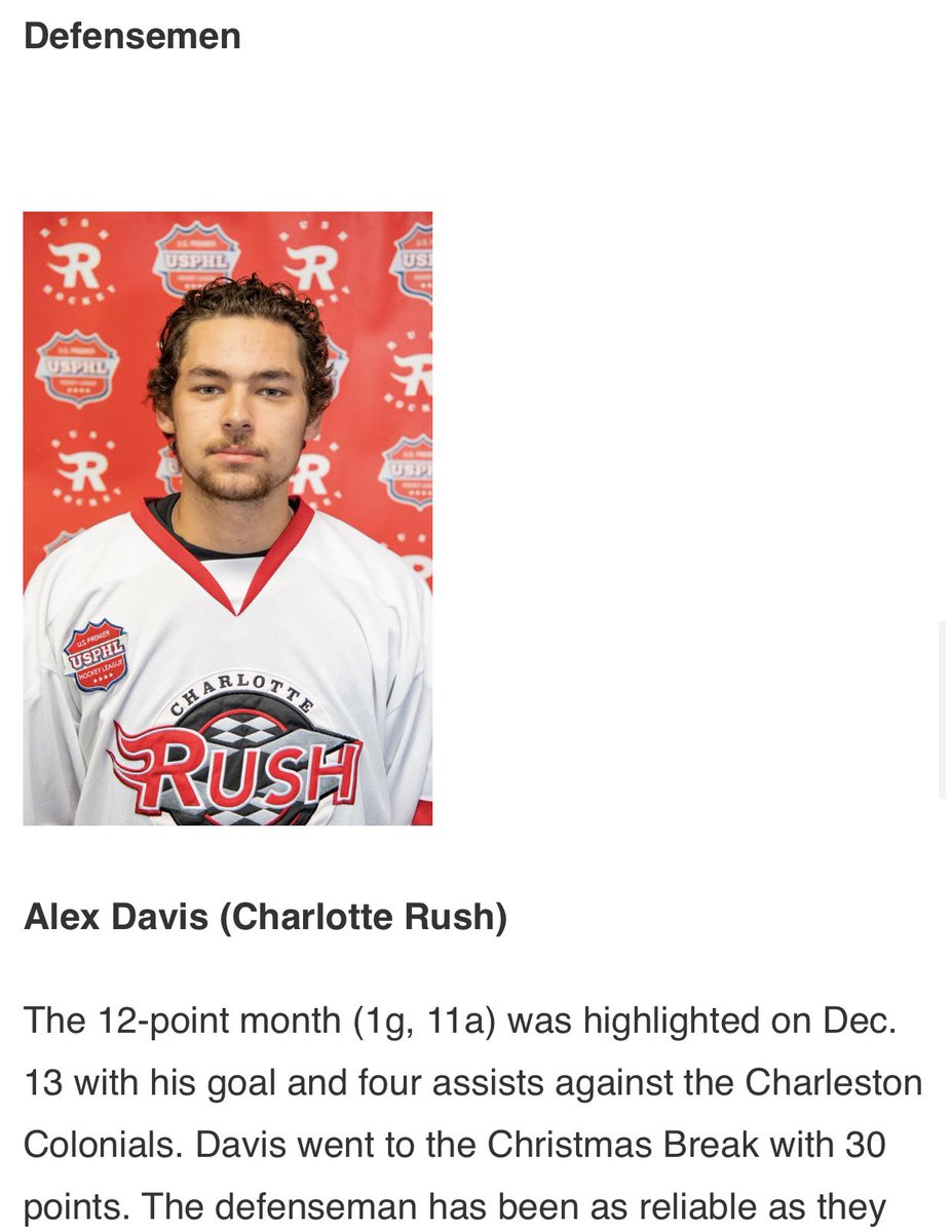 RushHockeyClub's tweet photo. Congrats to our Premier Players of the Month for December! Defenseman &amp; Captain Alex Davis gets the nod, which also helped him earn a call up to the NAHL’s @negenerals . Goaltender @bbattisti20 gets the honor of Goaltender of the month! https://t.co/g8YxngOoUt https://t.co/8Q3siIpn3P