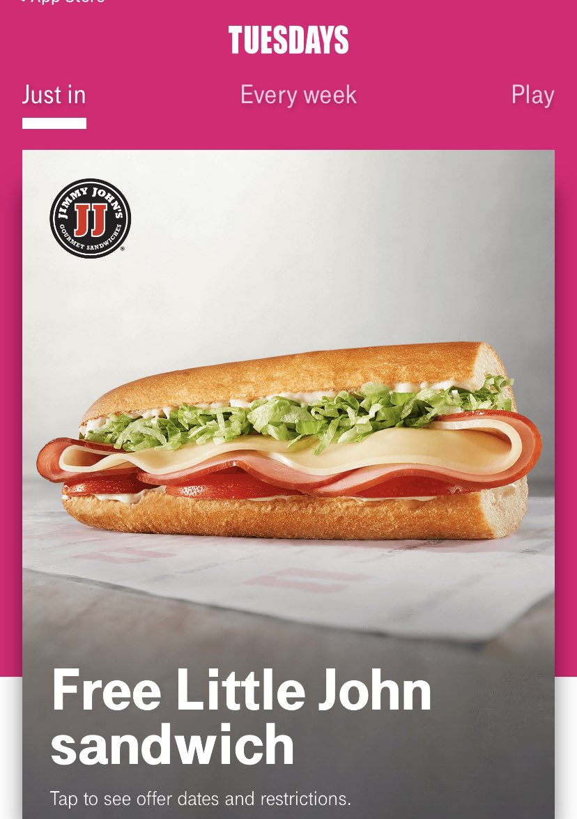 Lauradrain1's tweet photo. #gethanked it’s Tuesday I ate Jimmy Johns Sandwich !!! For free thanks @tmobiletuesday1 @TMobile https://t.co/j3a95P4BRJ