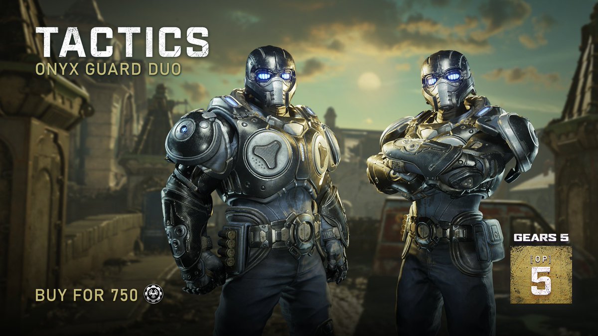 Gears 5 promo of the Tactics Onyx Guard Duo. Both characters are posed center screen in a strong stance. The characters are standing on the Gears map "River", a blue sky can be seen in the background. Text on the image reads: Tactics Onyx Guard Duo, Buy for 750 iron. Geras 5, Operation 5.