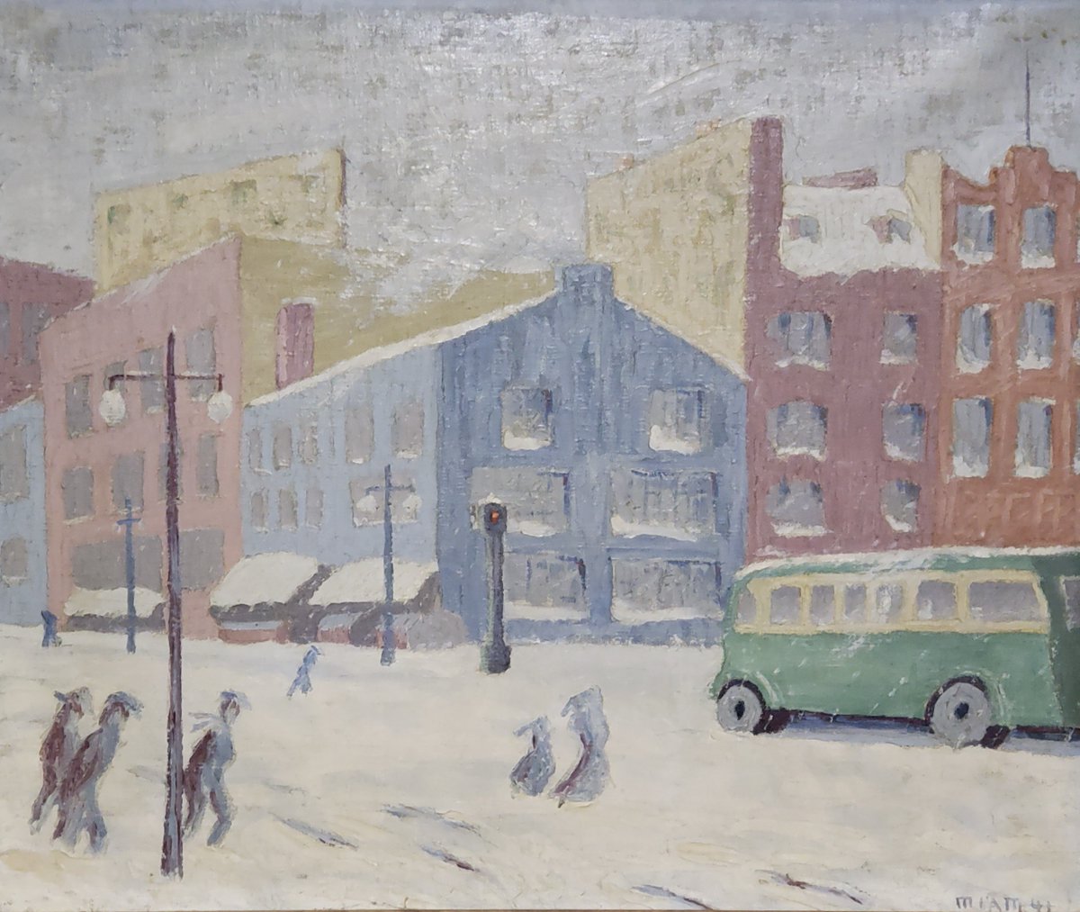 MattatuckMuseum's tweet photo. Can you name this bustling downtown Waterbury street corner that’s been blanketed in snow? 🤔 In this painting, artist Miles Martin utilizes soft pastel colors to bring to life what would typically be a dreary snowy day. #AtTheMATT #MattatuckMuseum #Winter #Waterbury
1/2 https://t.co/ZlgqkYvCQ6